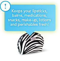 Keeps your lipsticks, balms, medications, snacks, make-up, lotions and perishables fresh!